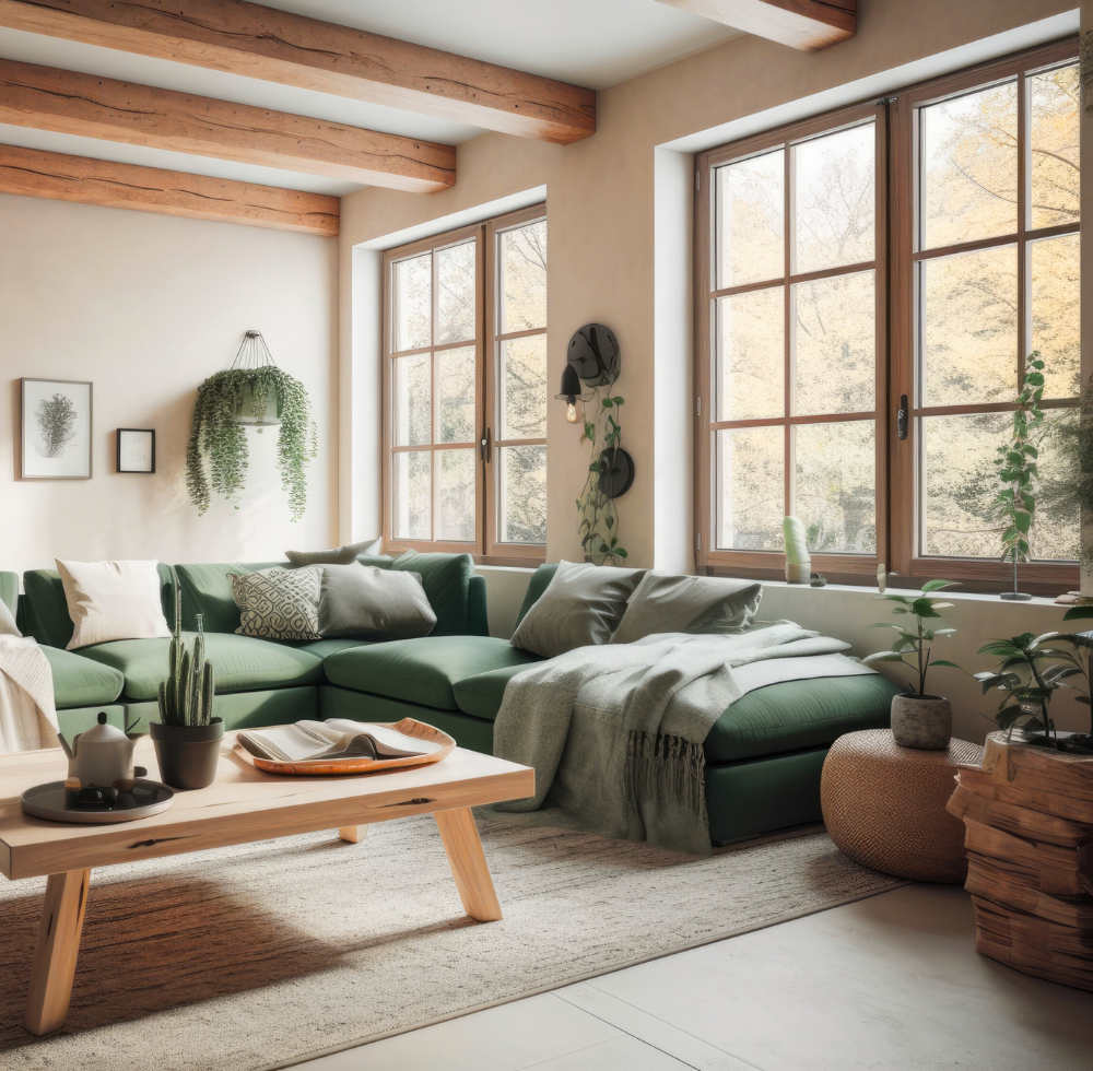 Gemütliches, helles Wohnzimmer mit grossem Sofa und Fenster