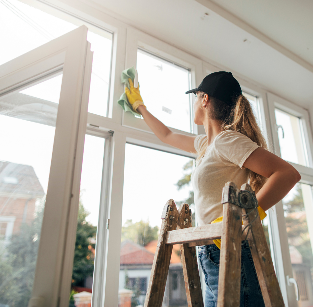 Reinigung der Fenster eines Hauses