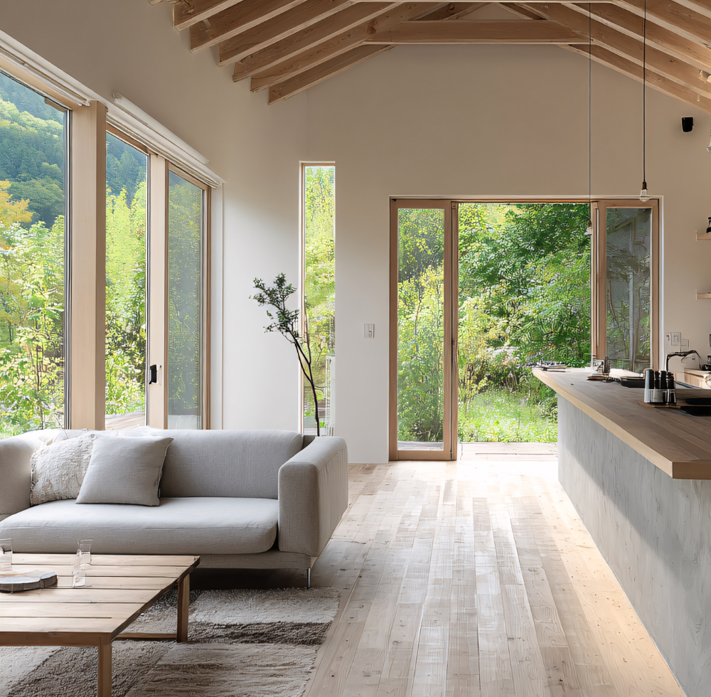 Wohnzimmer mit Hebeschiebetüren zum Garten