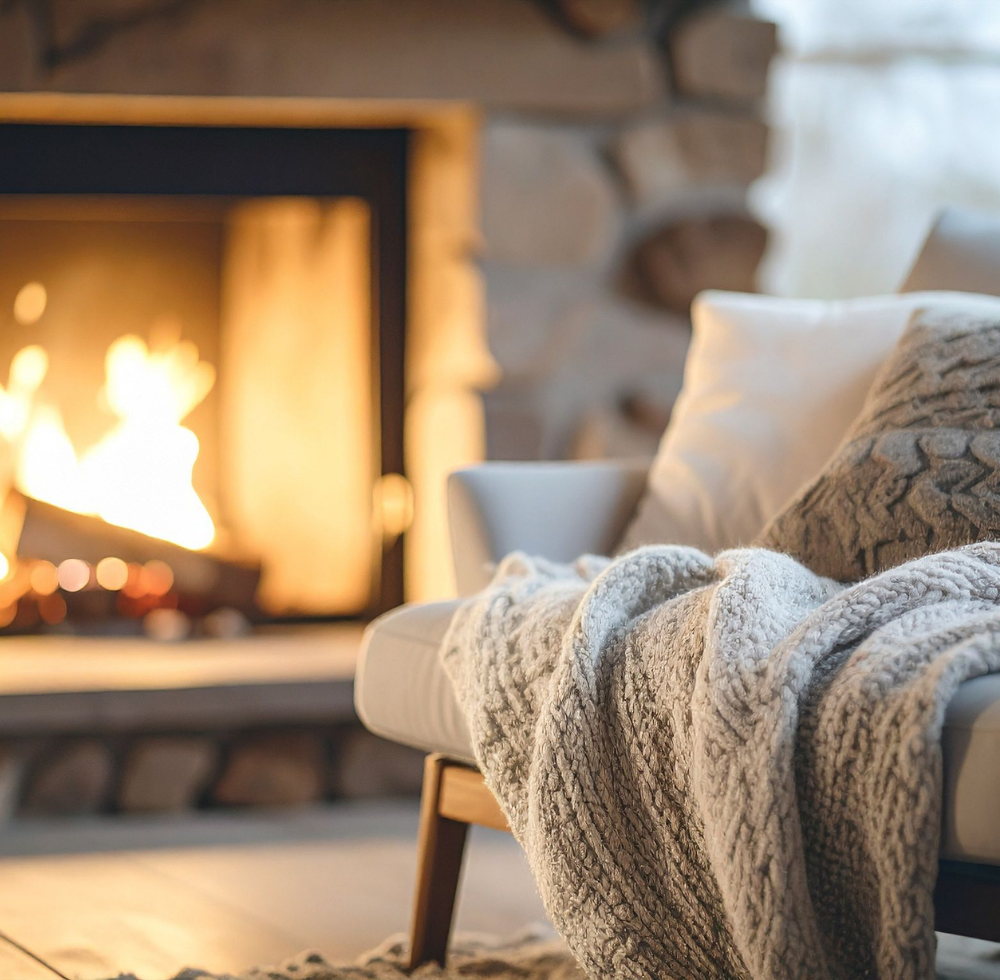 Wohnzimmer mit Kaminfeuer im Hintergrund