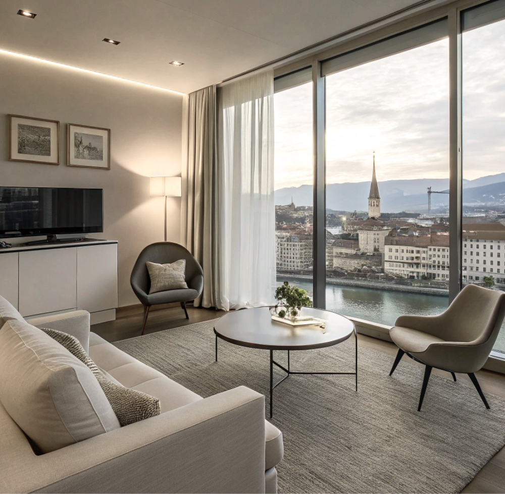 Moderne Wohnung mit grossen Fenstern, die den Blick auf eine schöne Stadt in der Schweiz freigeben.