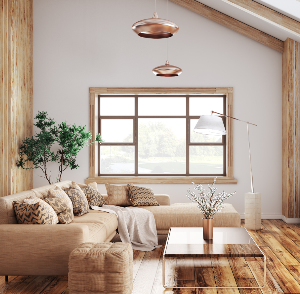 Modernes Haus in schlichtem Stil mit Holzfenstern