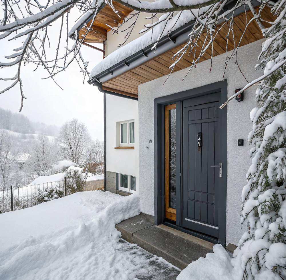 Fassade eines modernen Hauses im Winter in der Schweiz