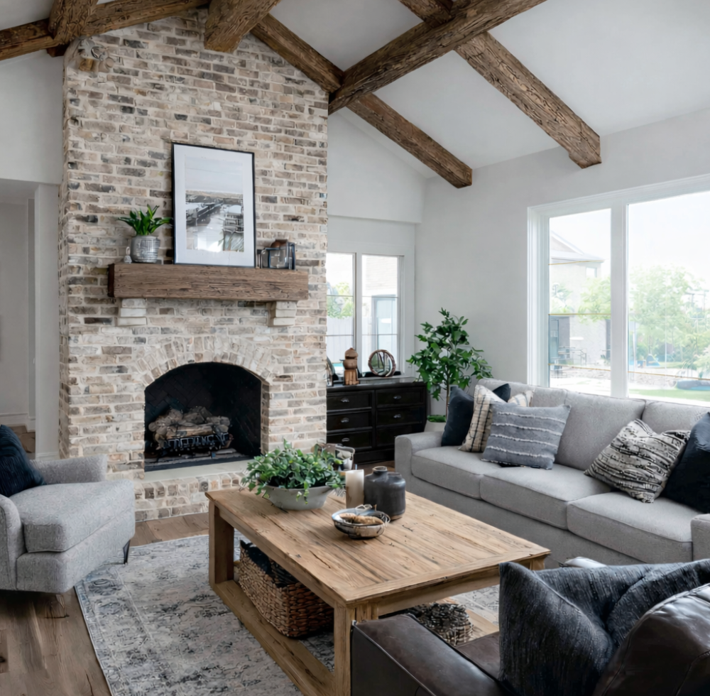 Schöner Wohnbereich mit mehreren Sofas, zwei grossen Fenstern mit Blick nach draussen und einer hübschen Inneneinrichtung