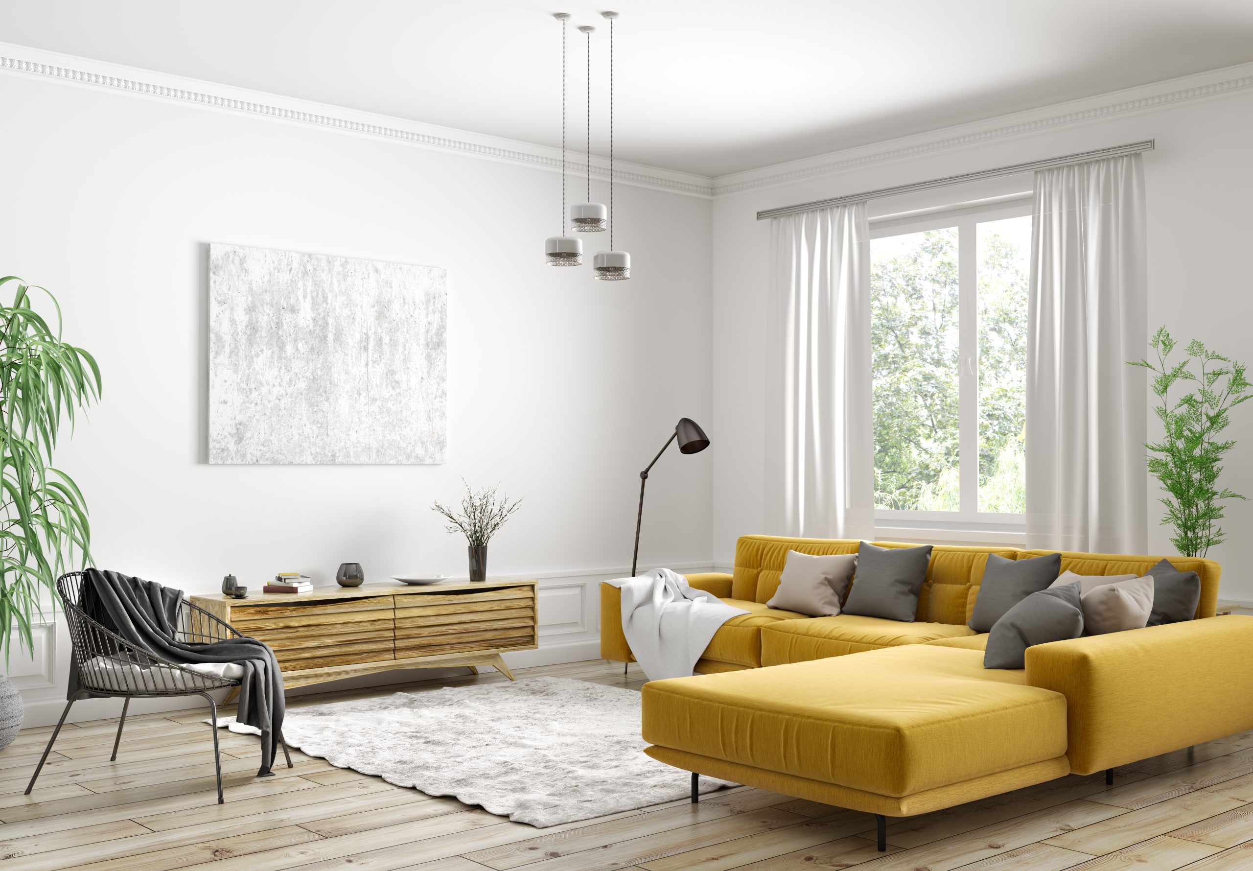 Modernes Innendesign einer skandinavischen Wohnung, Wohnzimmer mit gelbem Sofa, Sideboard und schwarzem Sessel, 3D-Rendering